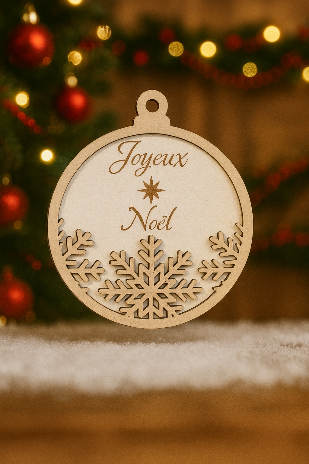 ❄️ Boule de Noël flocon en bois multicouche – Gravure laser artisanale FSC