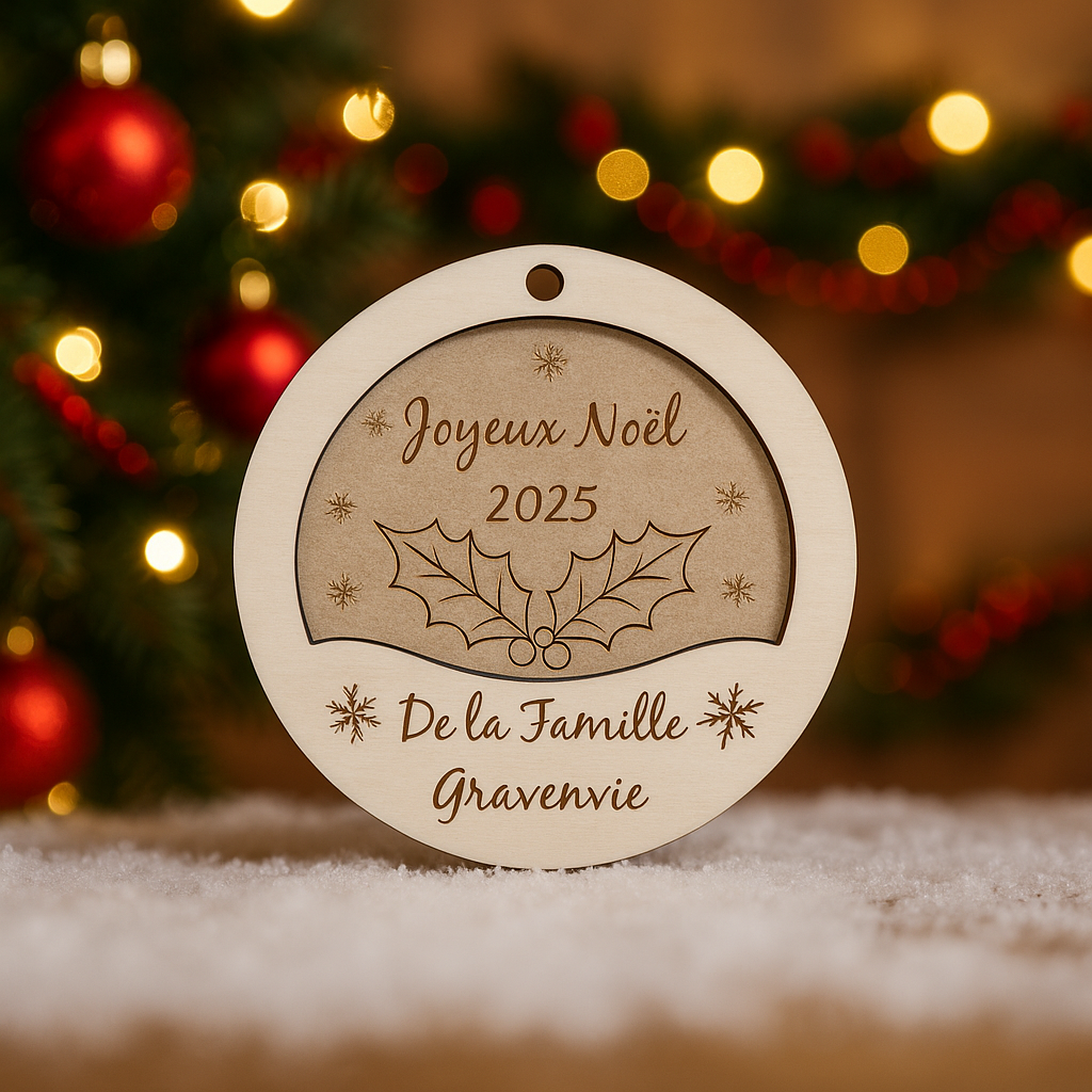 Boule de Noël personnalisée en bois multicouche – Gravure laser artisanale FSC