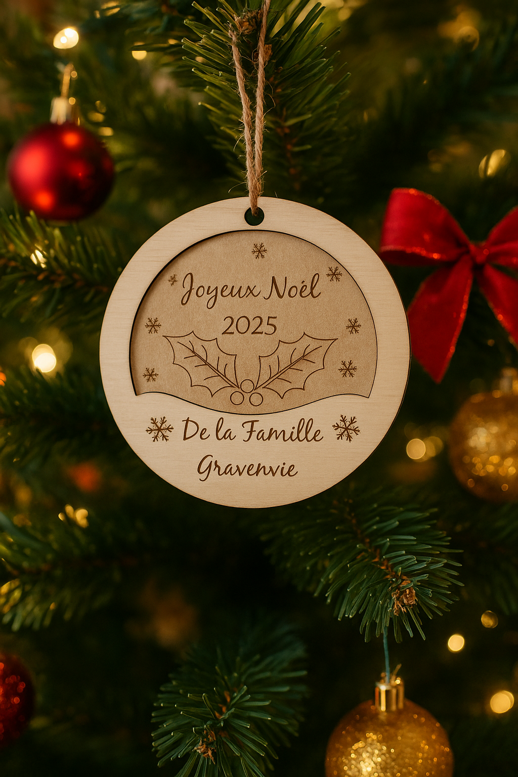 Boule de Noël personnalisée en bois multicouche – Gravure laser artisanale FSC