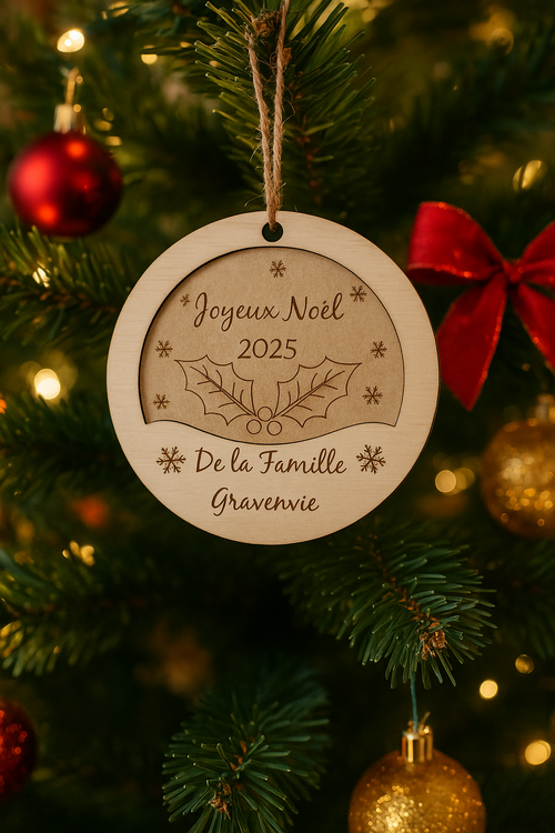 Boule de Noël personnalisée en bois multicouche – Gravure laser artisanale FSC