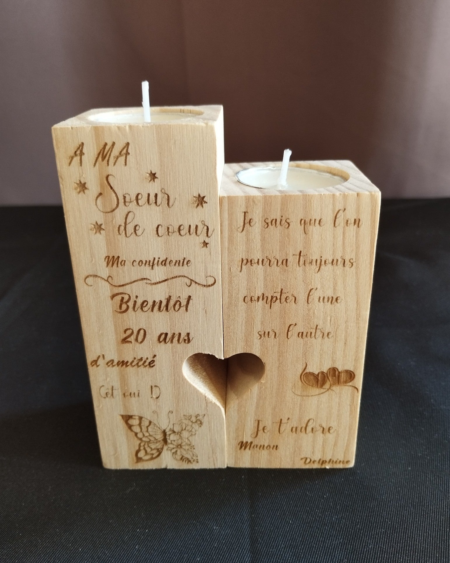 ✨ Lot de deux bougeoirs "Cœurs Unis" – Bois massif personnalisable