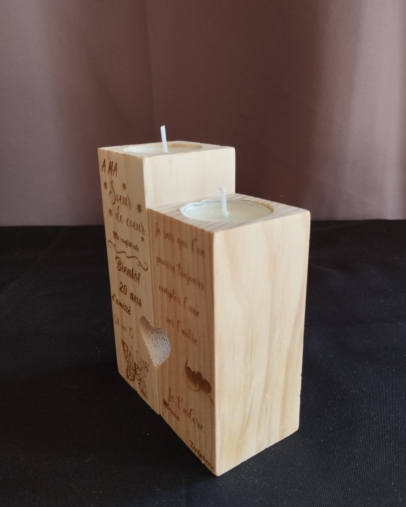 ✨ Lot de deux bougeoirs "Cœurs Unis" – Bois massif personnalisable