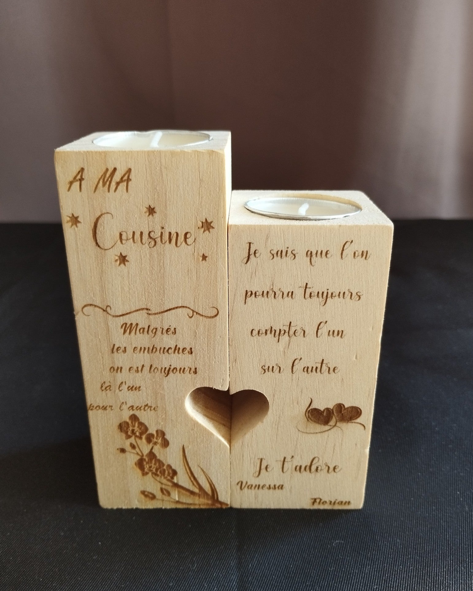 ✨ Lot de deux bougeoirs "Cœurs Unis" – Bois massif personnalisable