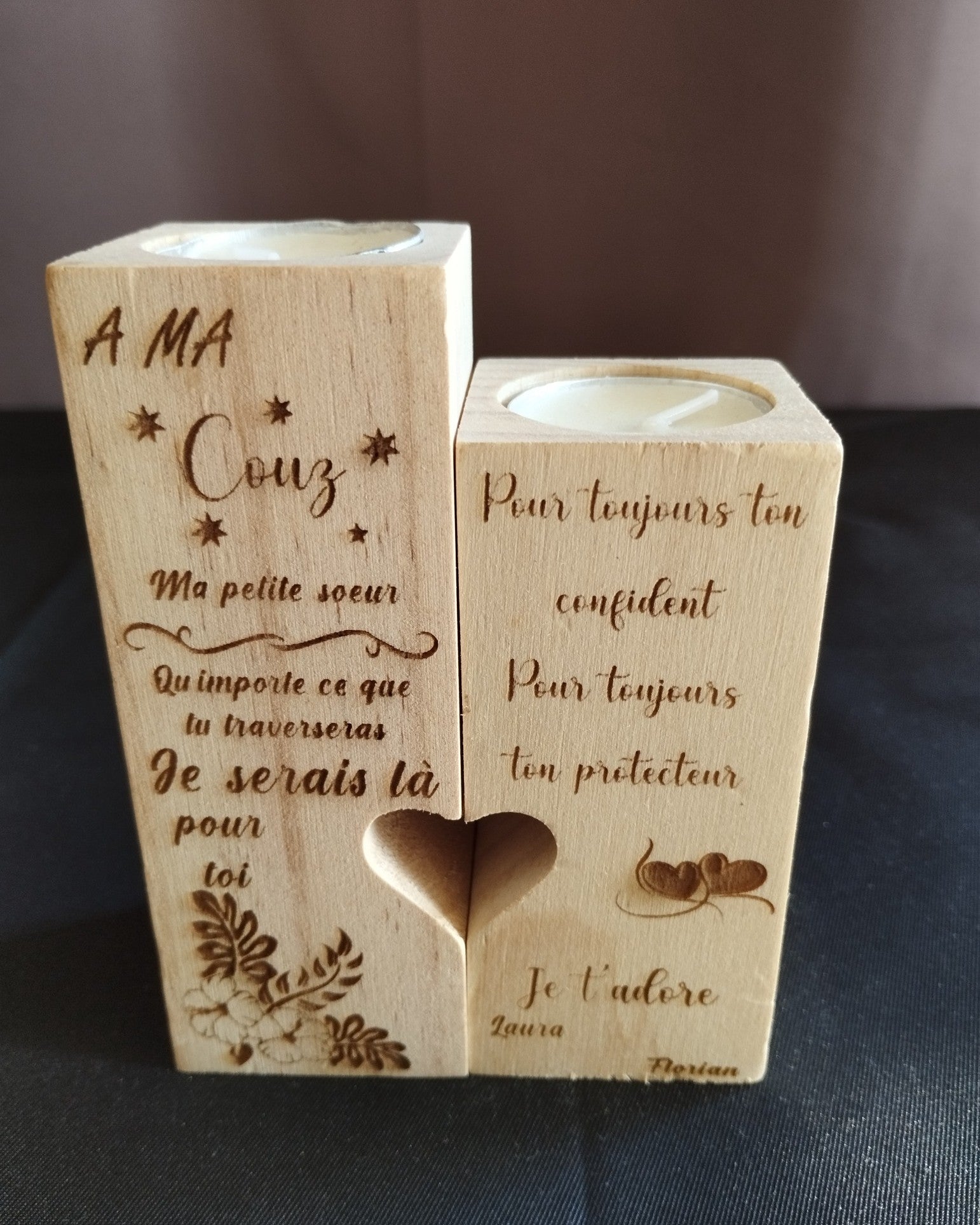 ✨ Lot de deux bougeoirs "Cœurs Unis" – Bois massif personnalisable