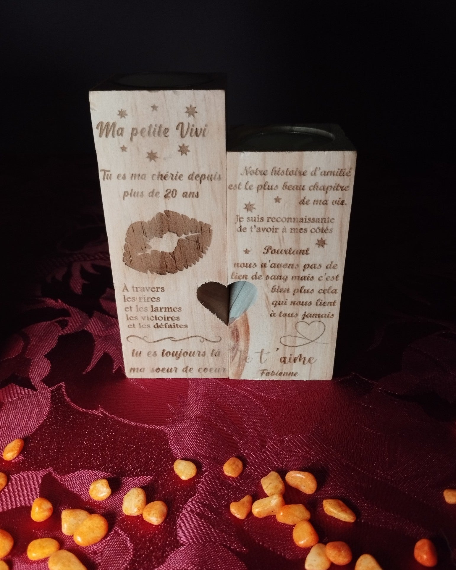 ✨ Lot de deux bougeoirs "Cœurs Unis" – Bois massif personnalisable