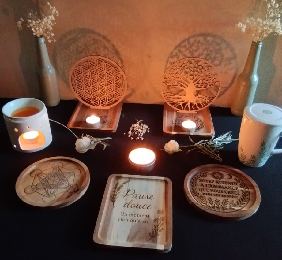 🌟 Photophores et plateaux gravés en bois – Artisanat unique