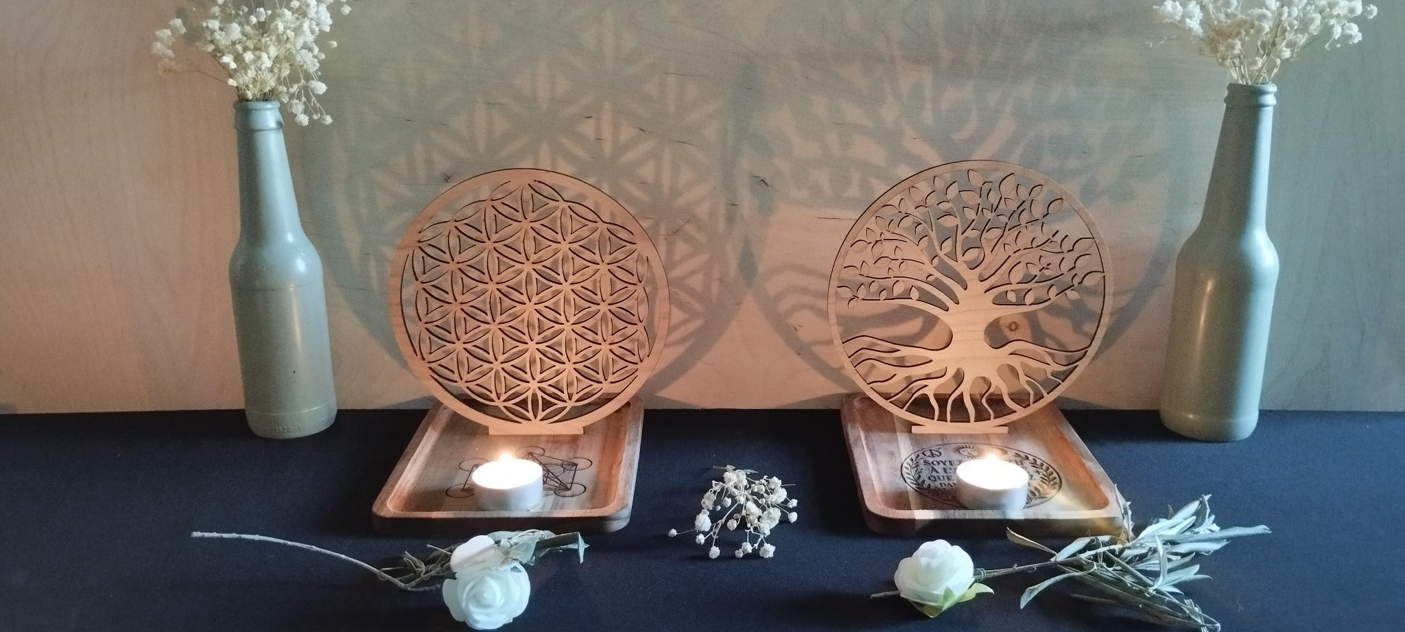 🌟 Photophores et plateaux gravés en bois – Artisanat unique