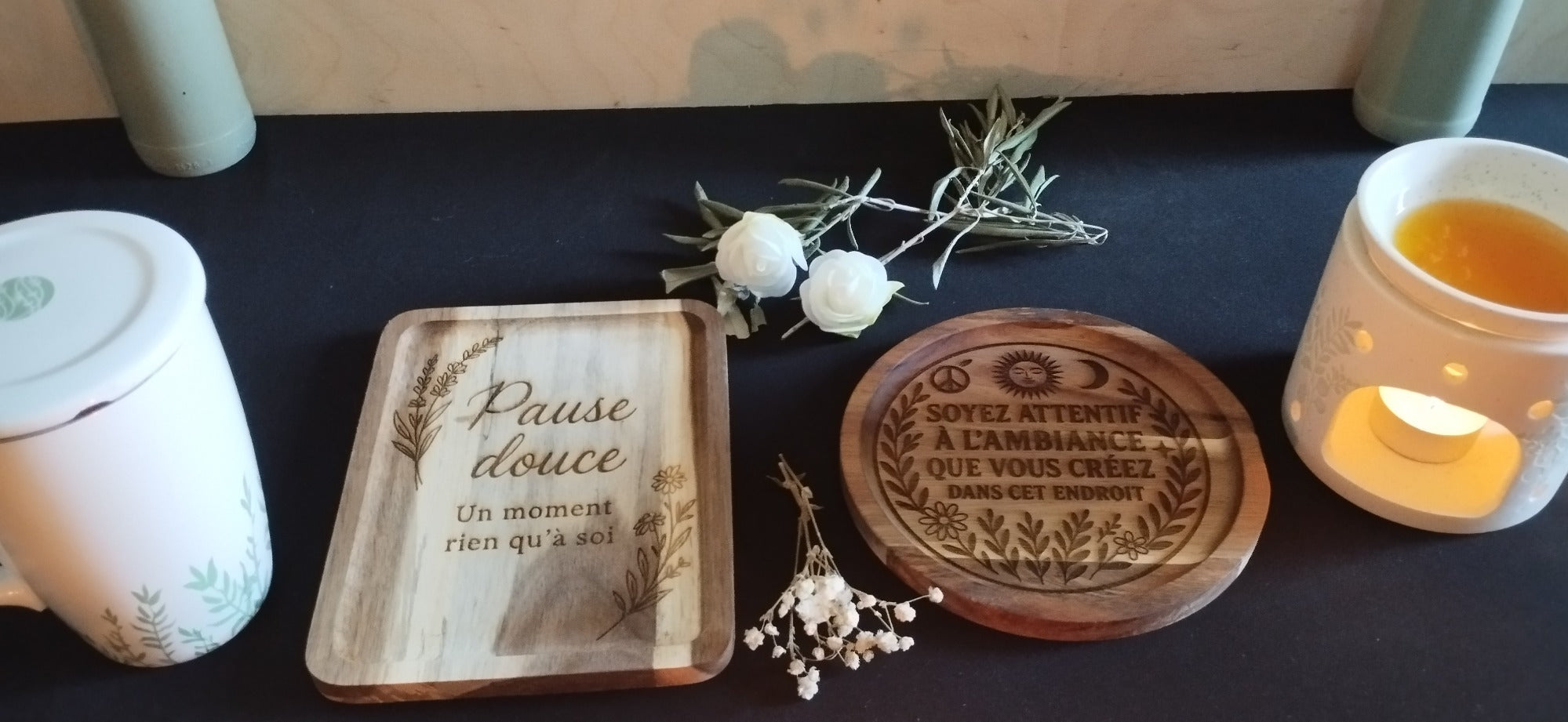 🌟 Photophores et plateaux gravés en bois – Artisanat unique