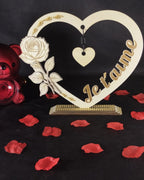 Cœur en bois Je t’aime avec rose et cœur suspendu personnalisé