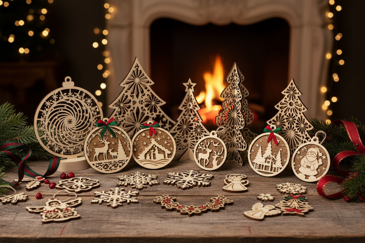 fais moi une image pour ma colléction de noel. en restant fidele a mon travail de gravure et découpe laser
