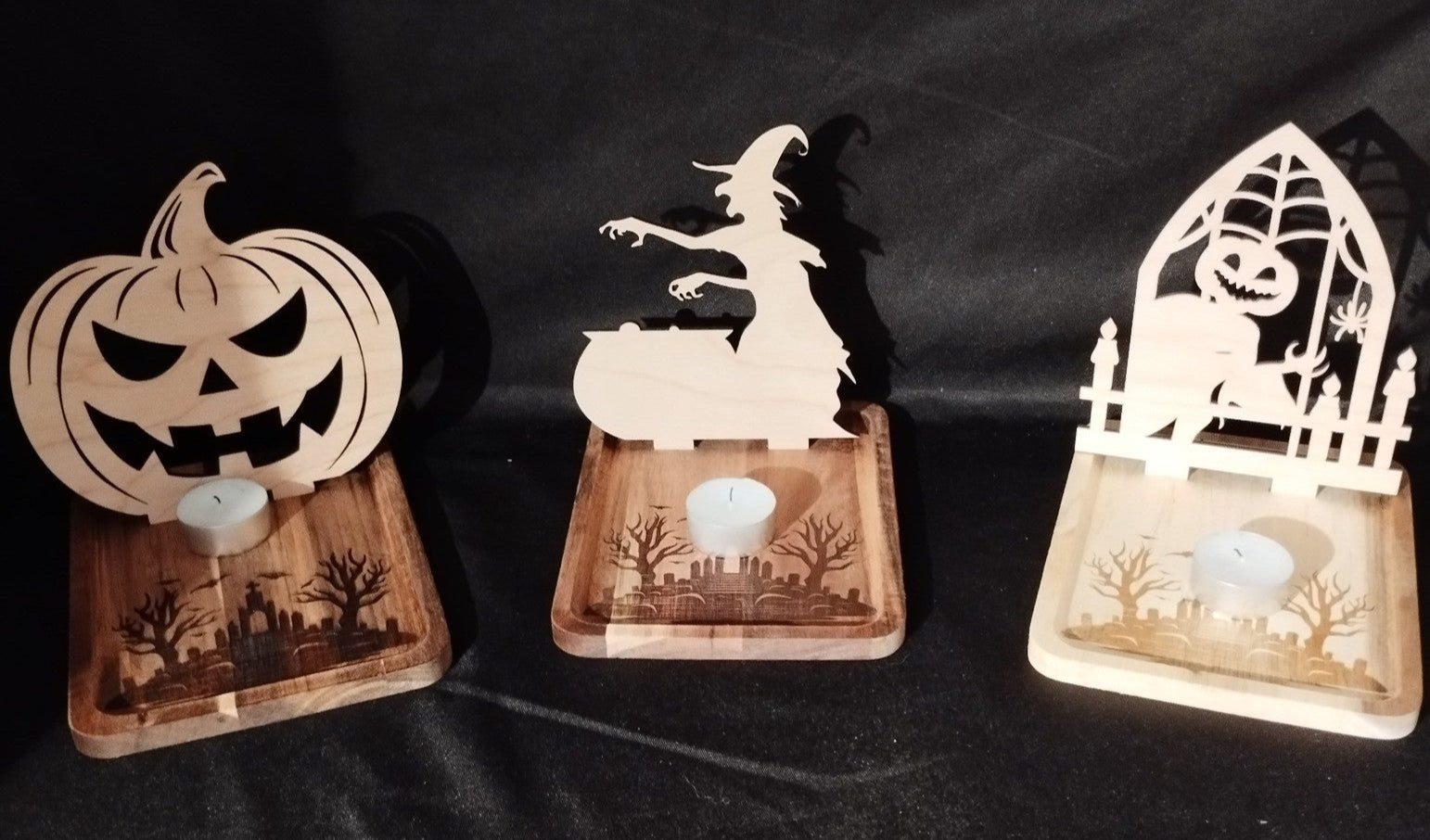 🎃 Photophores Halloween sur plateau en acacia – Gravure laser artisanale